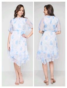 AND White & Blue Floral Asymmetric Dress