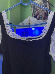 Black And White Velvet Lace Sleeve Top