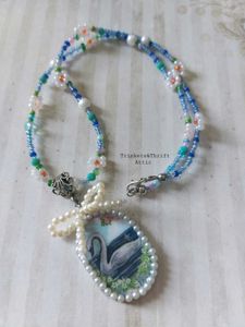 Enchanted Swan Lake Clay Pendant Beadwork Necklace