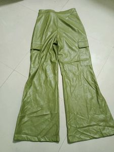 Green Faux Leather Cargo Pants