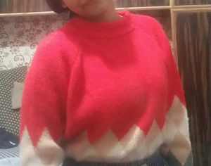 Red coloured sweater, printed on both side best fo