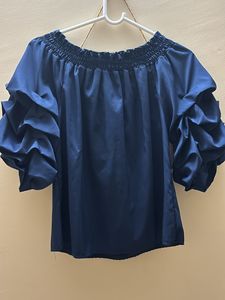 Blue Ruched Sleeve Top