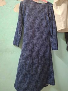 Patterned Blue Short  Dress With Frill