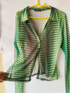 Prettylittlething y2k gren&amp;black stripe mesh shirt