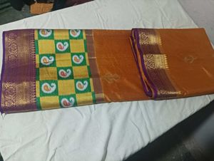Golden Saree With Blue Pallu