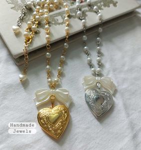 Anime Style Heart Locket Pearl Bow Necklace