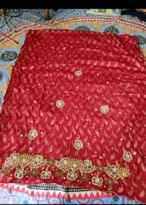 Banarasi Red Embroidered Dress Material