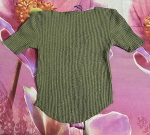 Zara Basic Striped Olive Green Fitted Top