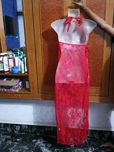 Red Lace Halter Maxi Dress