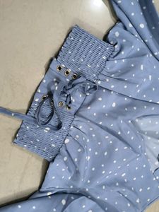 Blue Polka Dot  Top With Smocked Detailing And Empire Sleeves . No Damage. Size -S35