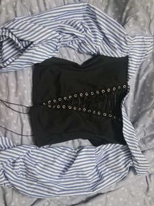 Lace-Up Corset Top with Striped Shirt