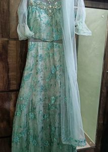 Beautiful Mint Green Embroidered Gown with Dupatta