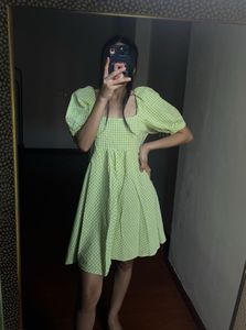 Green Gingham Puff Sleeve Dress
