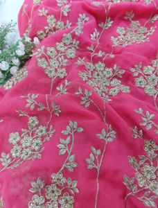 Golden Embroidered Rose Pink Georgette Saree