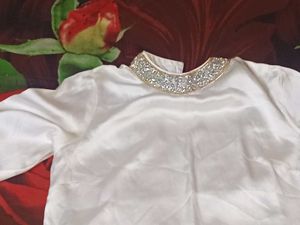 White Satin Top With Bedazzeled Neck