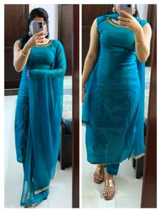 Women Teal Blue Sequence Chanderi Cotton Suit Set