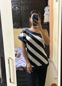Satin Black And White Short Kurti Top