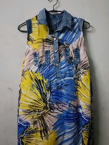 Abstract Print Denim Accent Dress