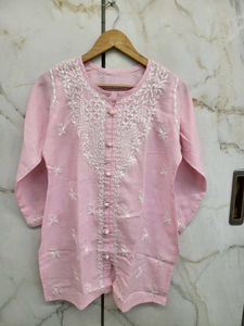 Pink Embroidered Kurti For Jeans