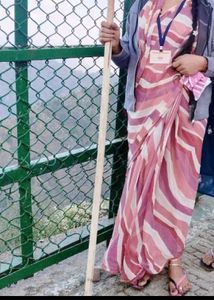 Pink & White Striped And Green Saree