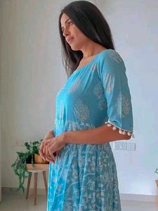 Libas blue &amp; white ethnic motifs printed cotton dr