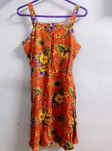 Orange Printed Fit And Flare Dress