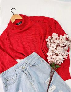 Shein Oversized Hot Red Knit Turtleneck Sweater B