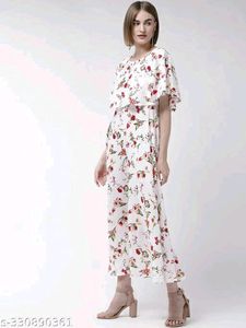 Women White &amp; Red Floral Print Flared Maxi DressNa