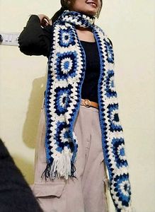 Blue & White Afgan inspired Crochet Scarf