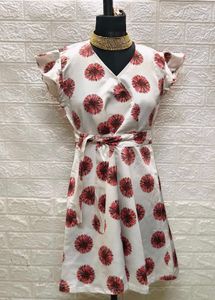 White Printed Dress With Belt