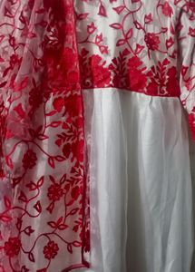 Net Gown With Red Embroidery + Dupata