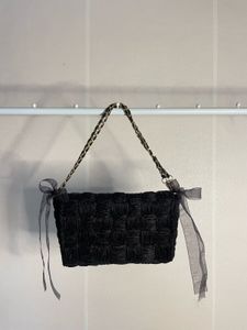 Chic Black Woven Clutch Bag with Chain Strap