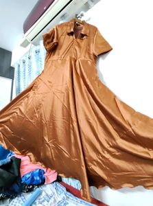Collared Brown Satin Long Gown