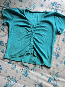Teal Ruched Front Crop Top with Adjustable Tie