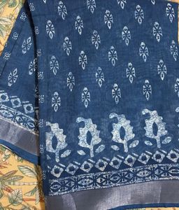 Indigo Blue Linen Blend Cotton Saree