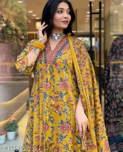 Mustard Cotton A line Suits Set