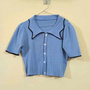 Korean Blue Cropped Cardigan Top