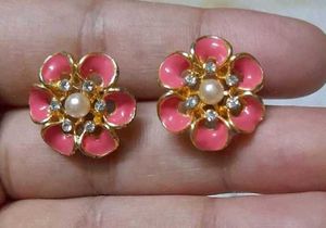 Pinkish Peach Flower Studs with Pearl and Stones