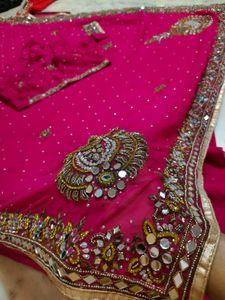 Pink  Mirror Work Saree With Blouse