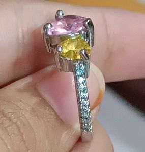 Real 925 Silver Pink &amp; Yellow Heart Ring