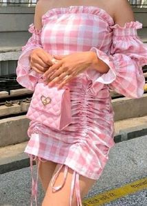 Pink Gingham Off-Shoulder Mini Dress