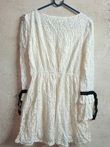 Trendy Ladies Lace Top Layered Light Cream Flared
