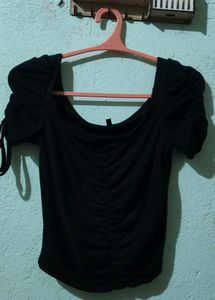 Black Ruched Puff Sleeve Top