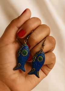 Lapiz Gemstone Tibetan Fish Earrings