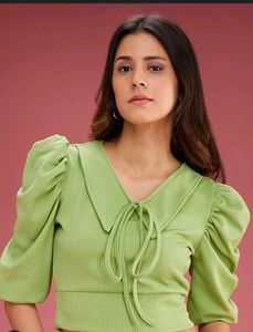 Green Ribbed Puff Sleeve Tie Top