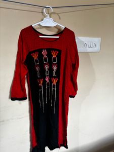 Embroidered Red Kurta - 2XL