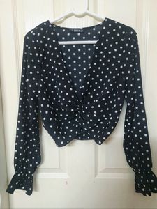 Black Polka Dot Party Crop Top With Front Knot