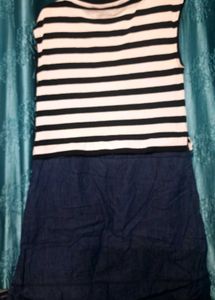 Denim Dress With Black And White Stripes