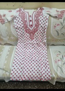 White & red Chikankari Work Kurti
