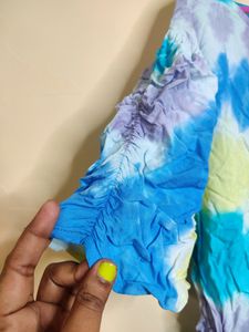 Tye Dye Print Rayon Top With Elastic Sleeves